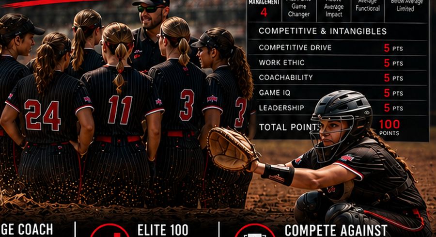 Elite 100 Softball team huddle
